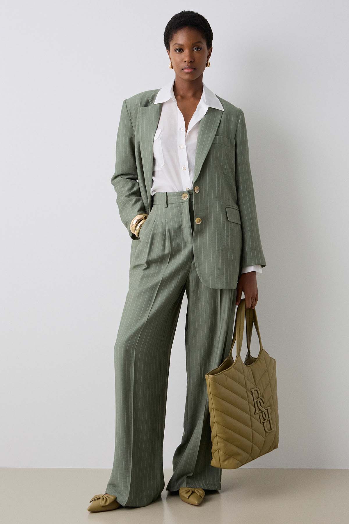 Bsb Regular Fit Yüksek Belli Çift Pile Çizgili Pantolon