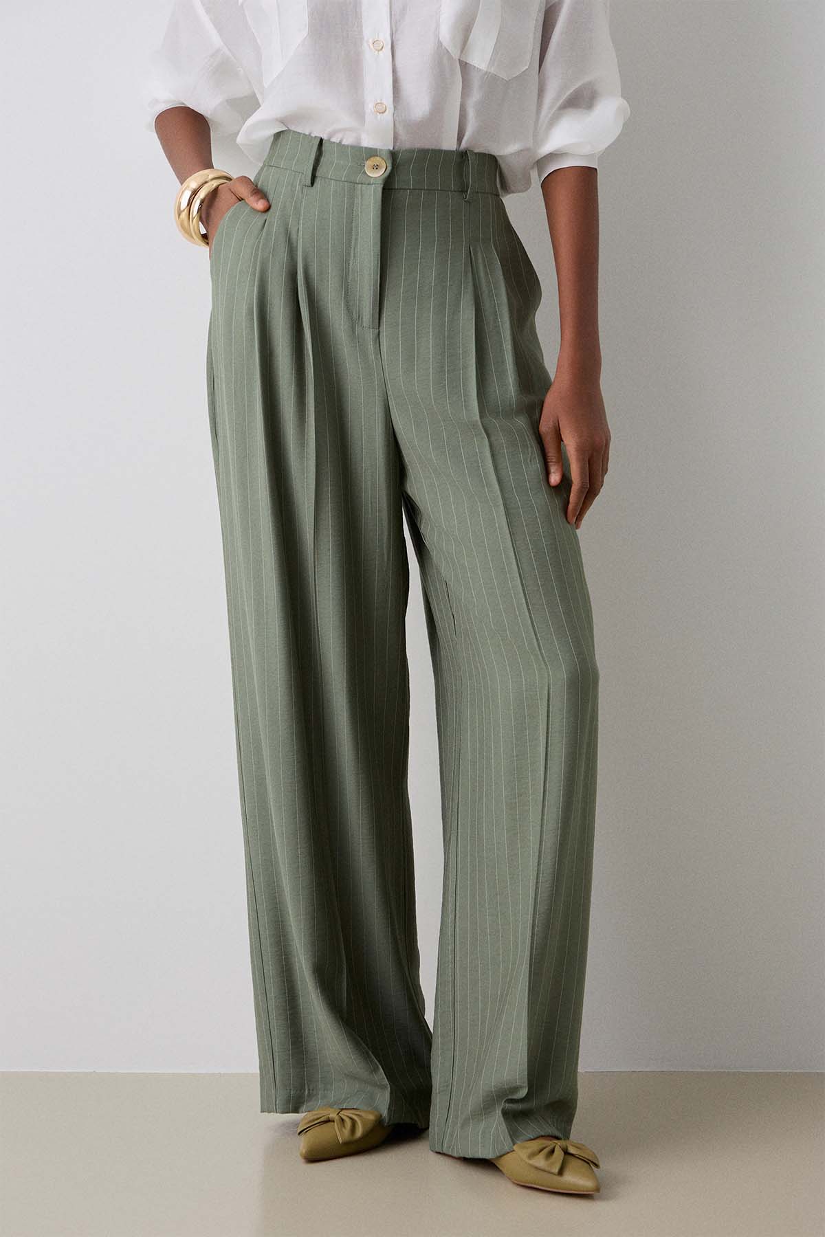 Bsb Regular Fit Yüksek Belli Çift Pile Çizgili Pantolon