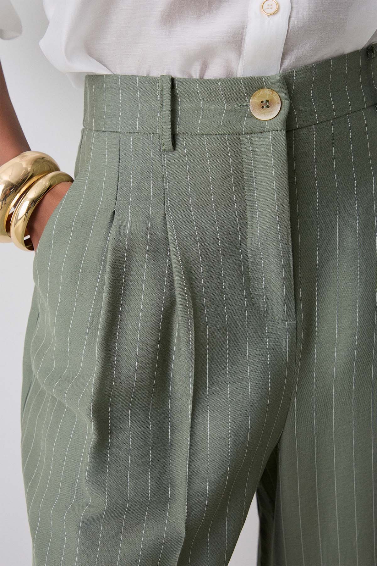 Bsb Regular Fit Yüksek Belli Çift Pile Çizgili Pantolon