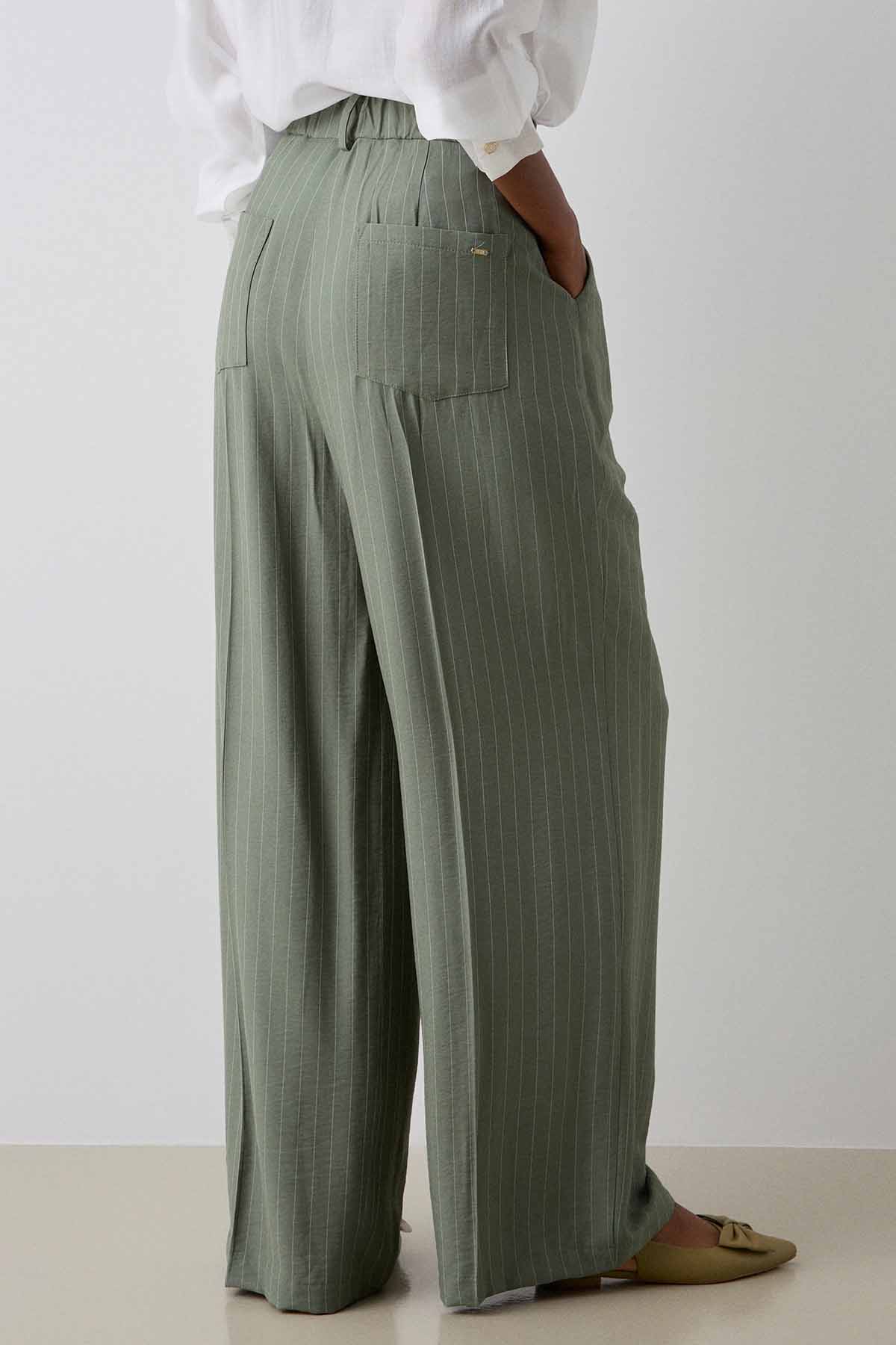 Bsb Regular Fit Yüksek Belli Çift Pile Çizgili Pantolon