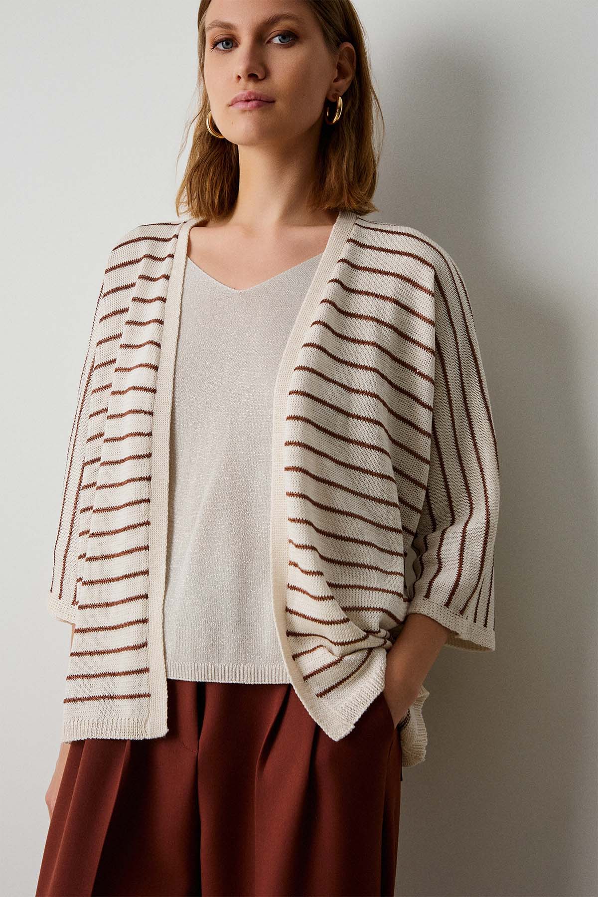 Bsb Regular Fit İnce Örgü Çizgili Triko Ceket