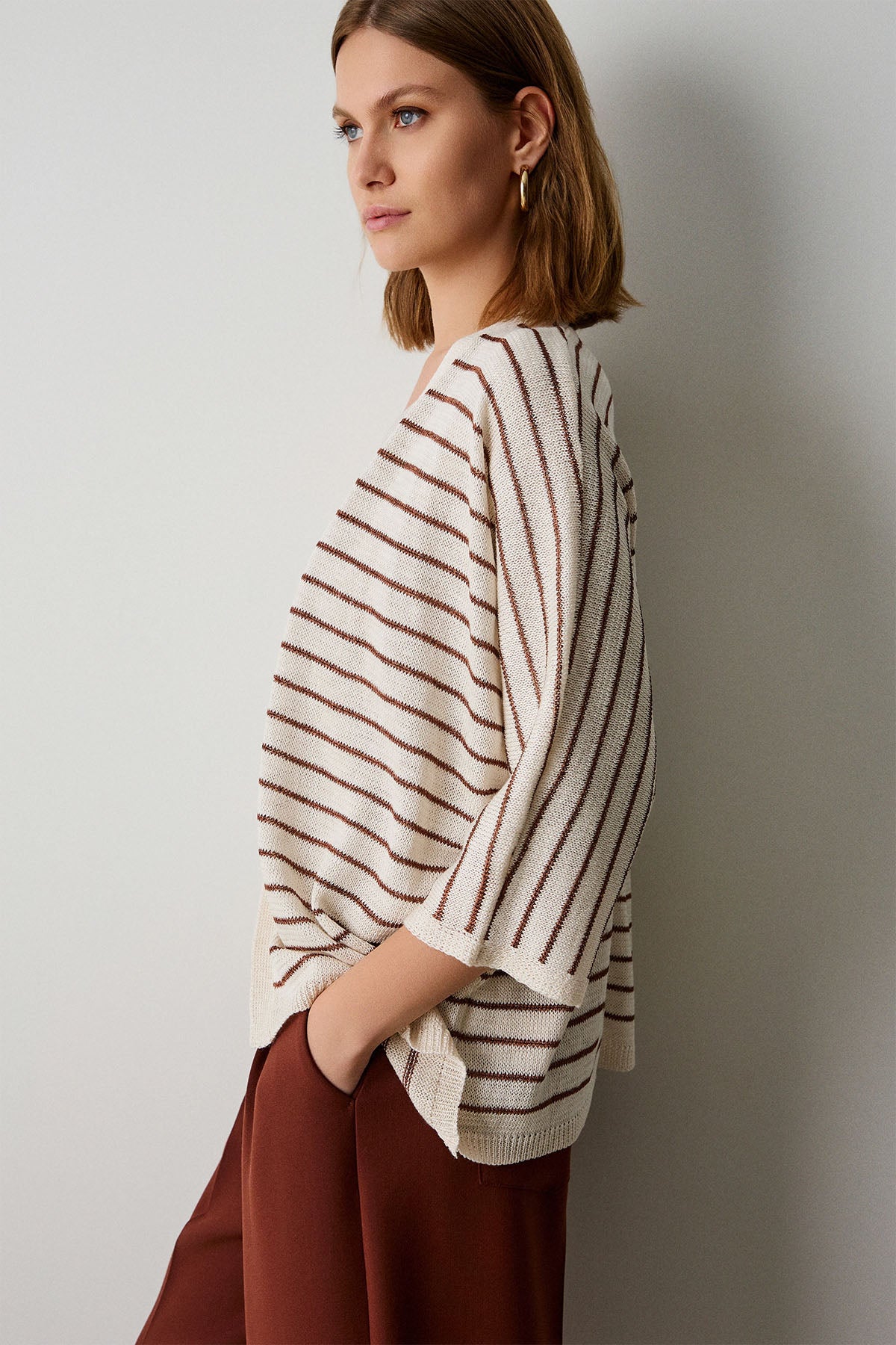 Bsb Regular Fit İnce Örgü Çizgili Triko Ceket