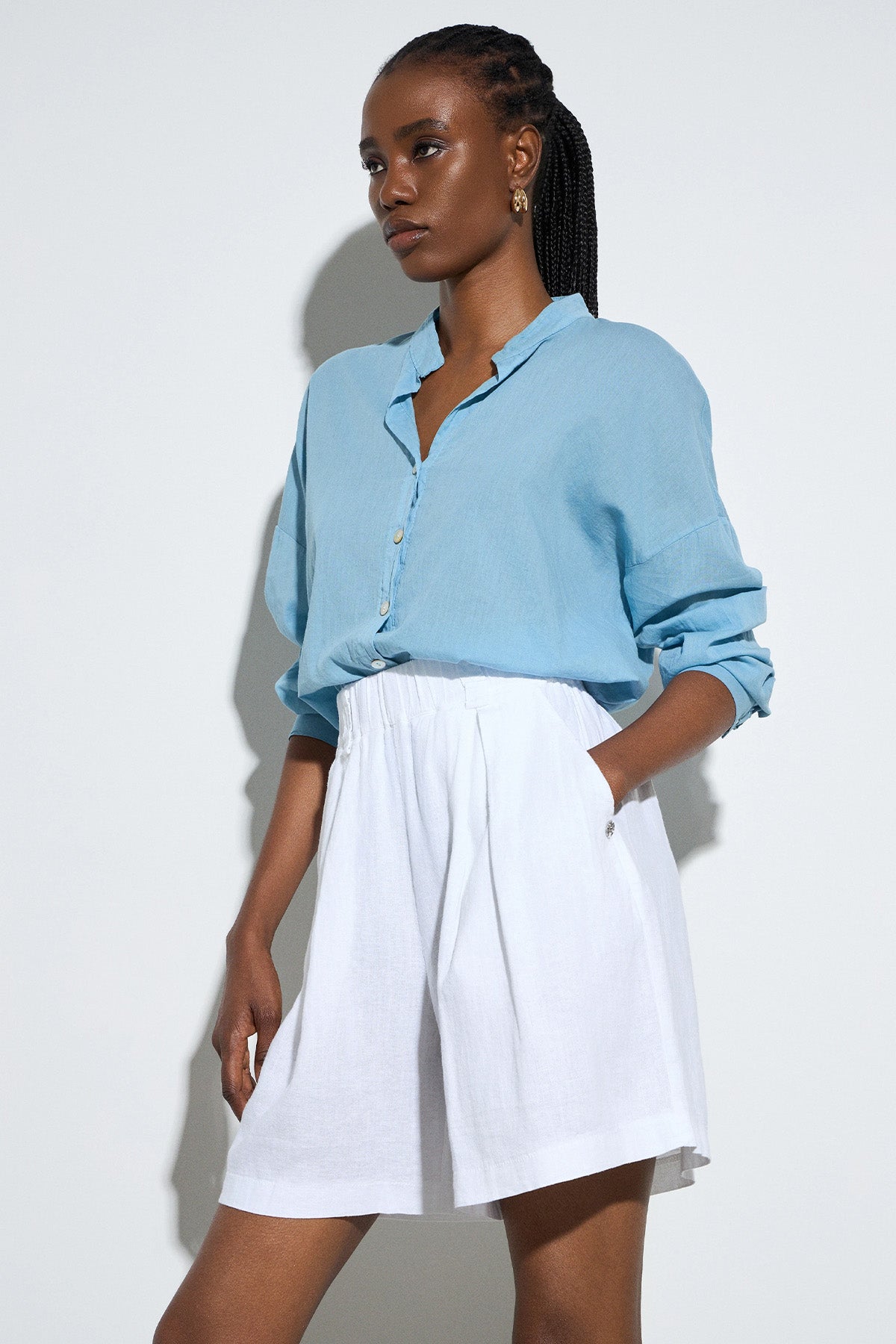 Bsb Geniş Kesim Yüksek Bel Beli Lastikli Keten Şort