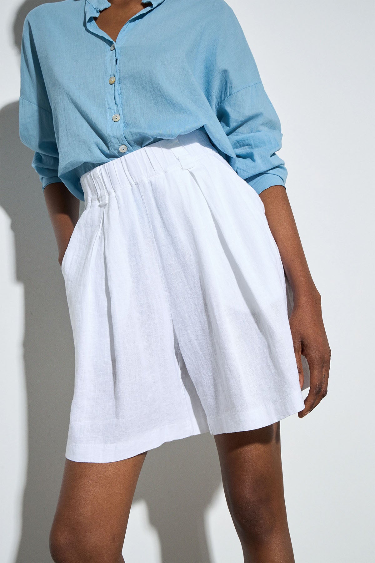 Bsb Geniş Kesim Yüksek Bel Beli Lastikli Keten Şort