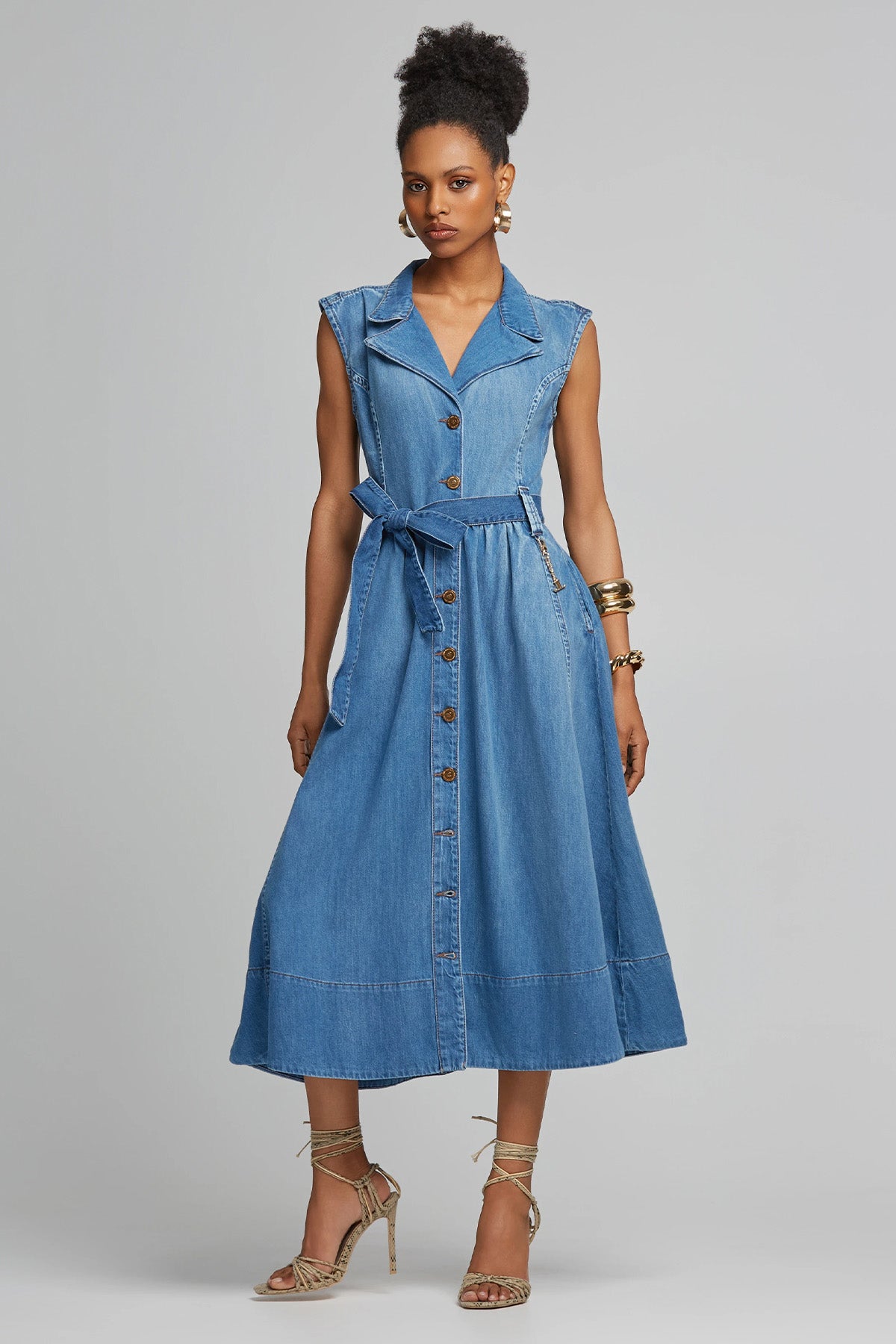 Lynne Kemerli Midi Denim Elbise