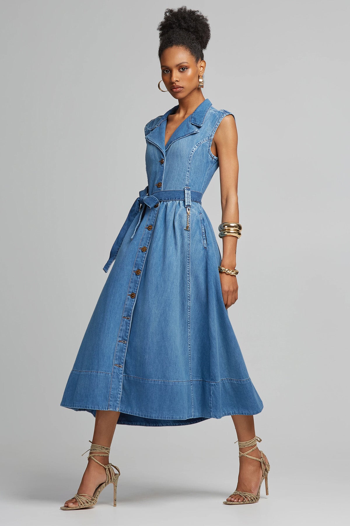 Lynne Kemerli Midi Denim Elbise-Elbise-Libas