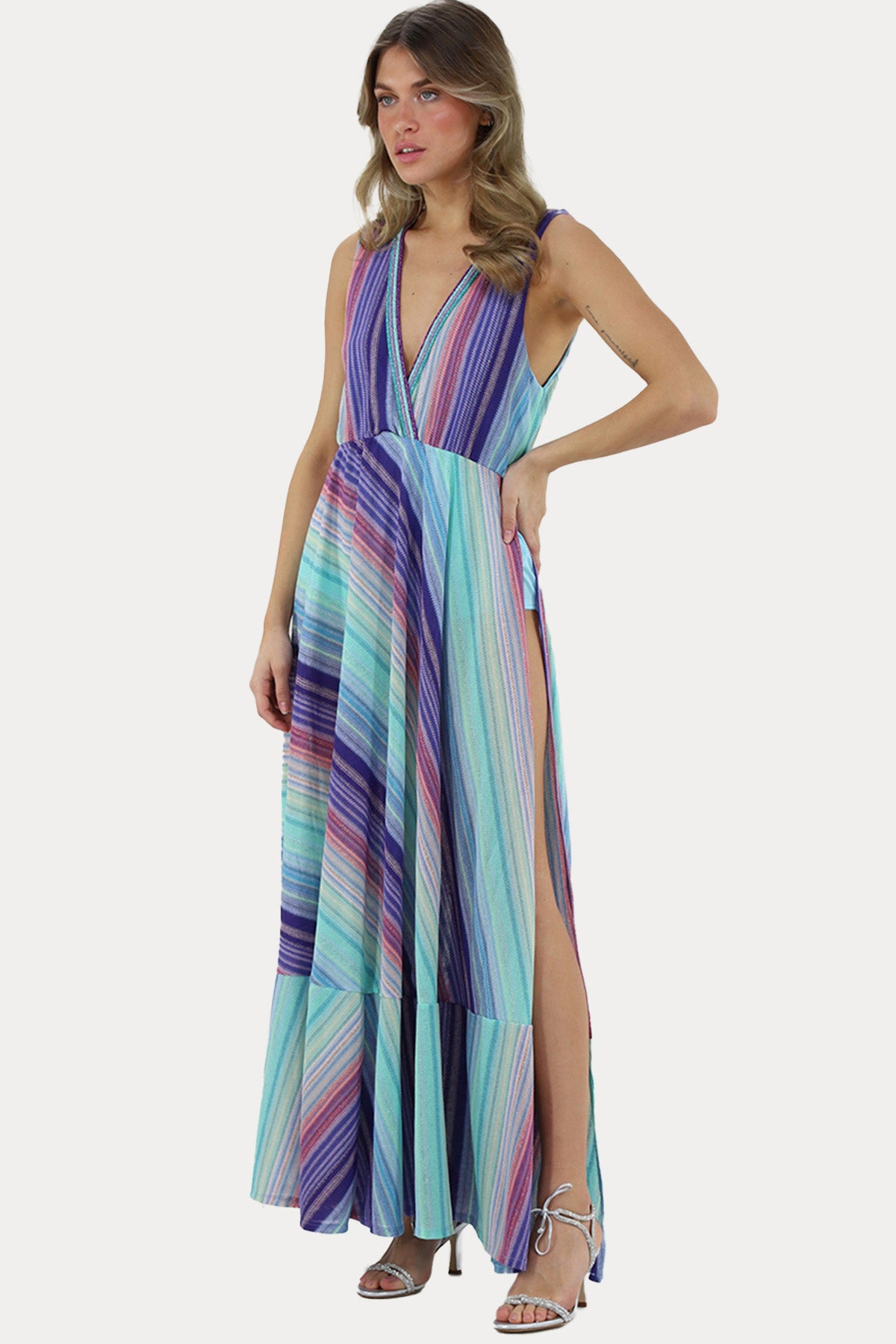 Pho Firenze Zıbınlı Maxi Tek Yırtmaç Elbise