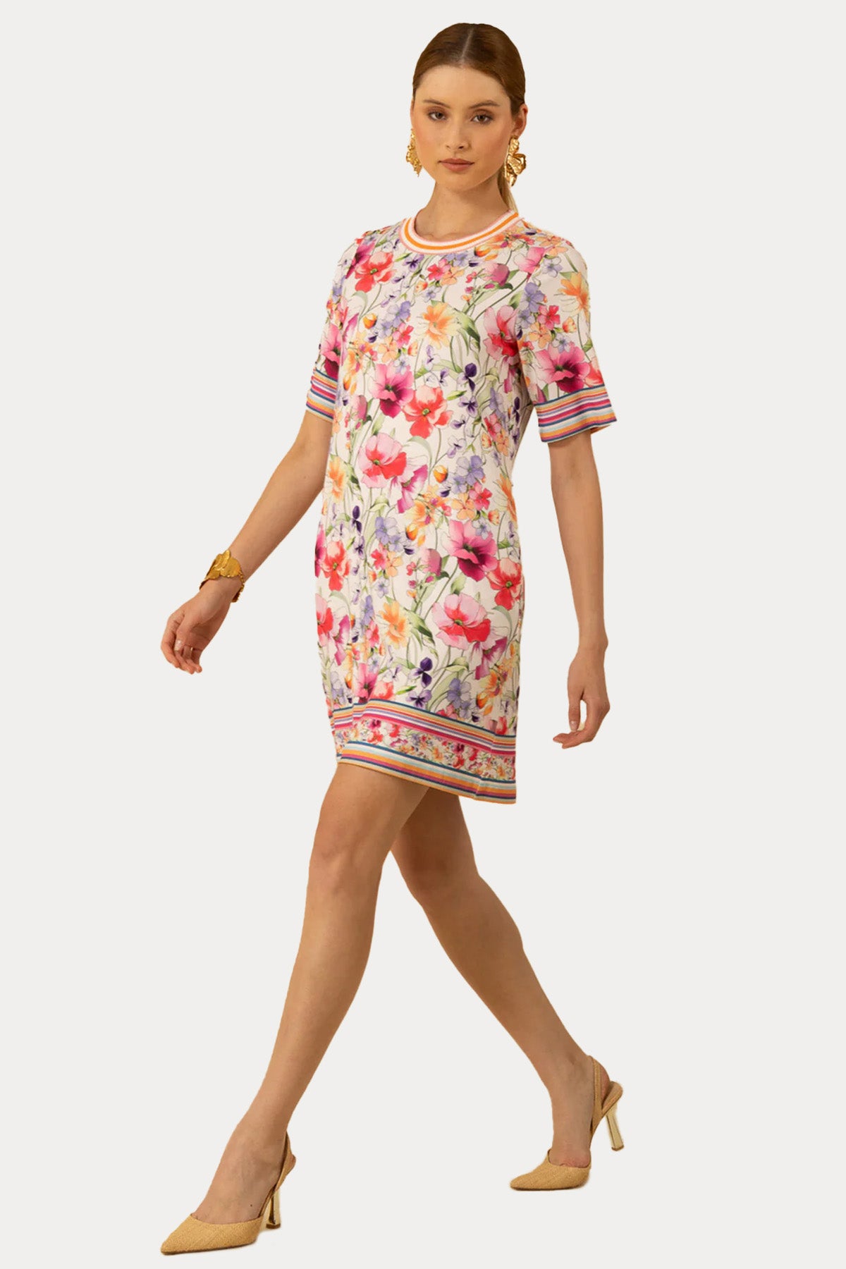 Hale Bob Yuvarlak Yaka Renkli Desenli Streç Mini Elbise