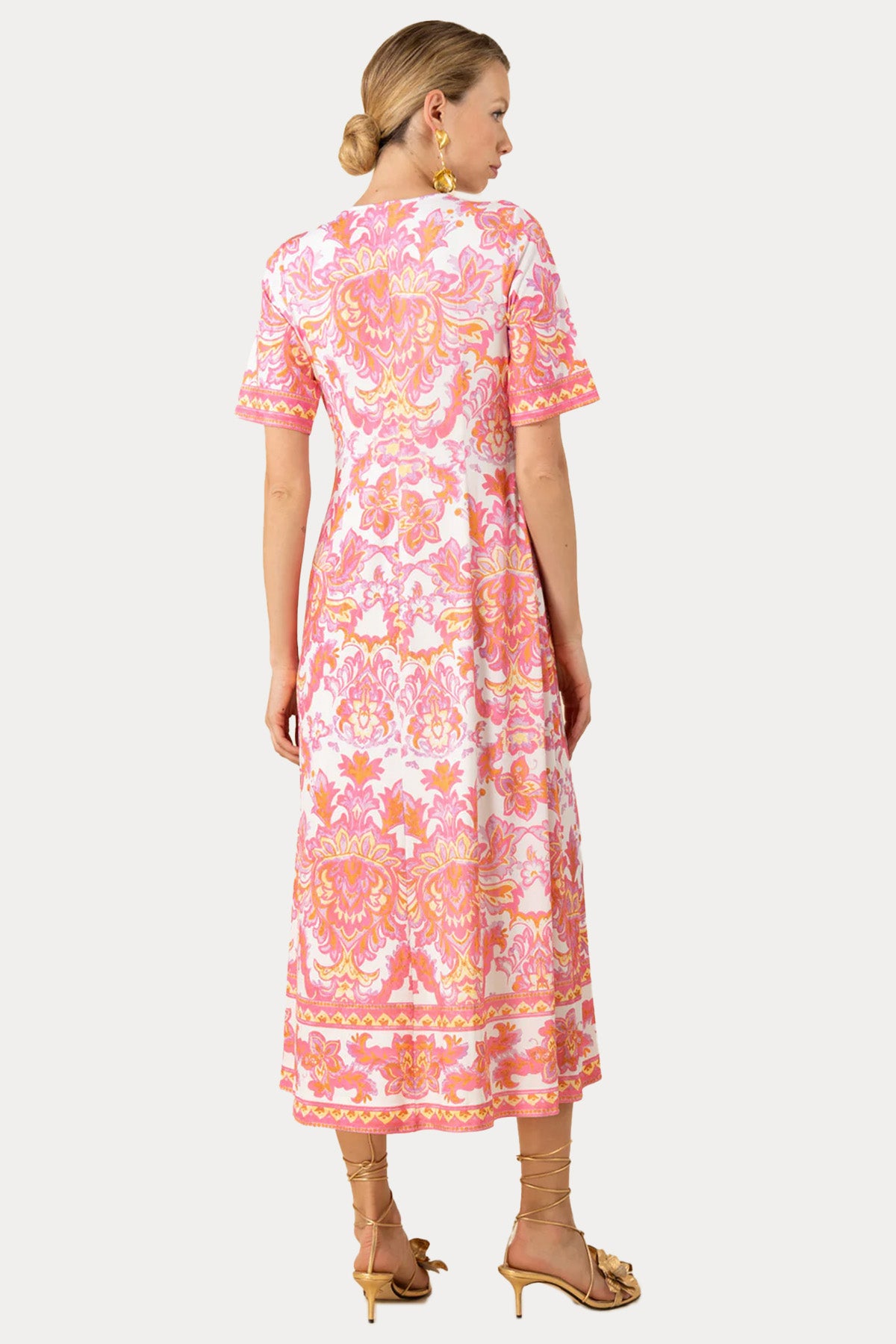 Hale Bob Renkli Desenli Streç Midi Elbise