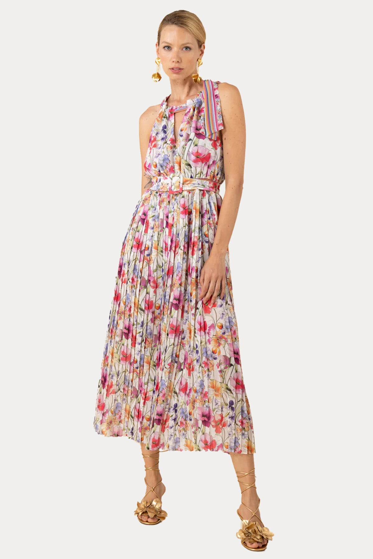 Hale Bob Renkli Desenli Kemerli Maxi Elbise