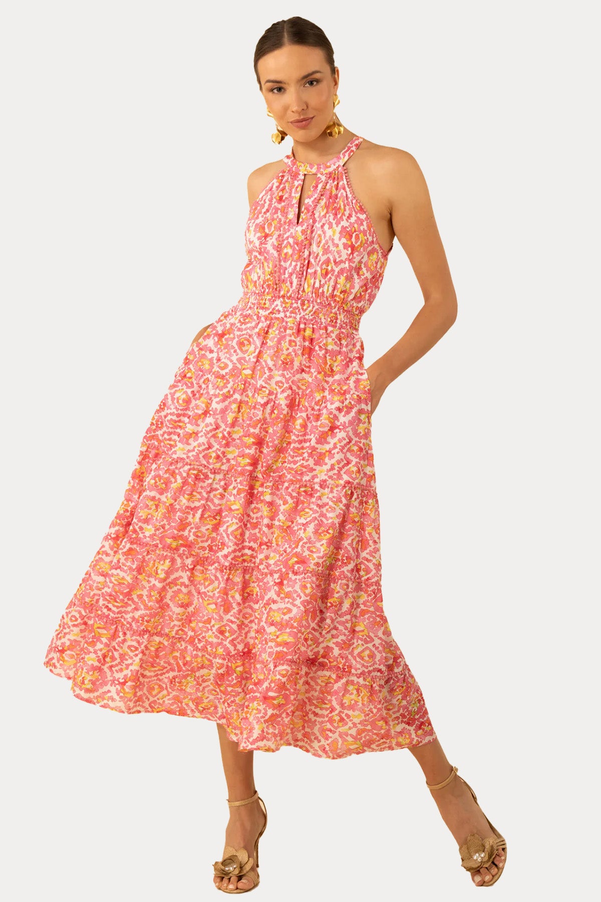 Hale Bob Renkli Desenli Midi Elbise