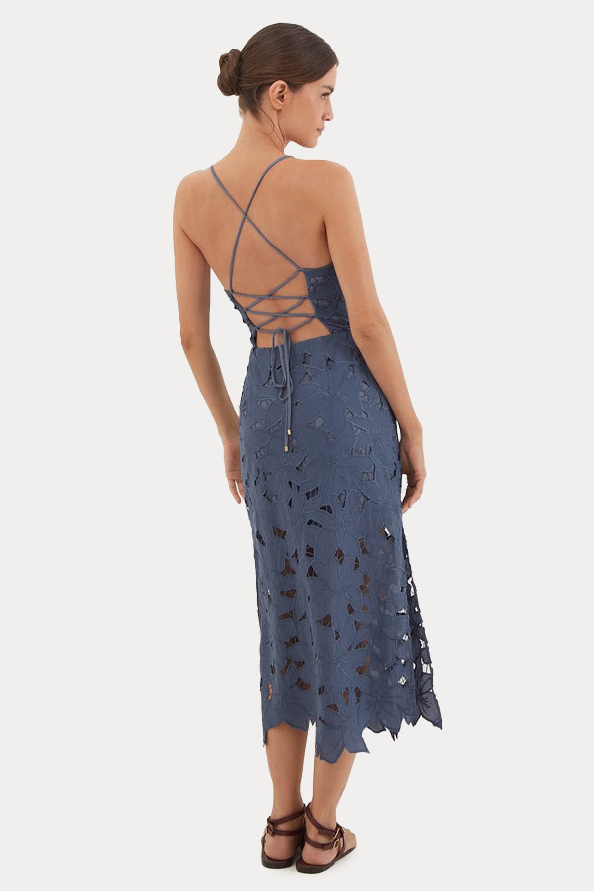 Vix Mei Lazer Kesim Desenli Sırt Dekolteli Midi Elbise