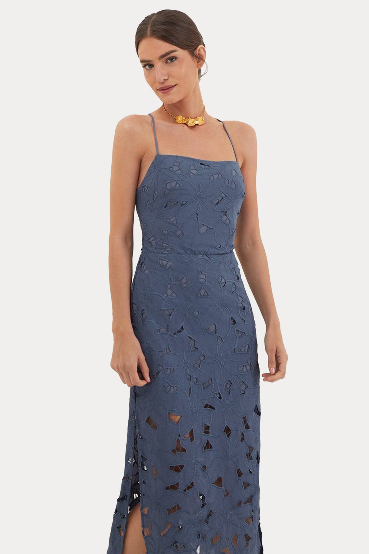 Vix Mei Lazer Kesim Desenli Sırt Dekolteli Midi Elbise