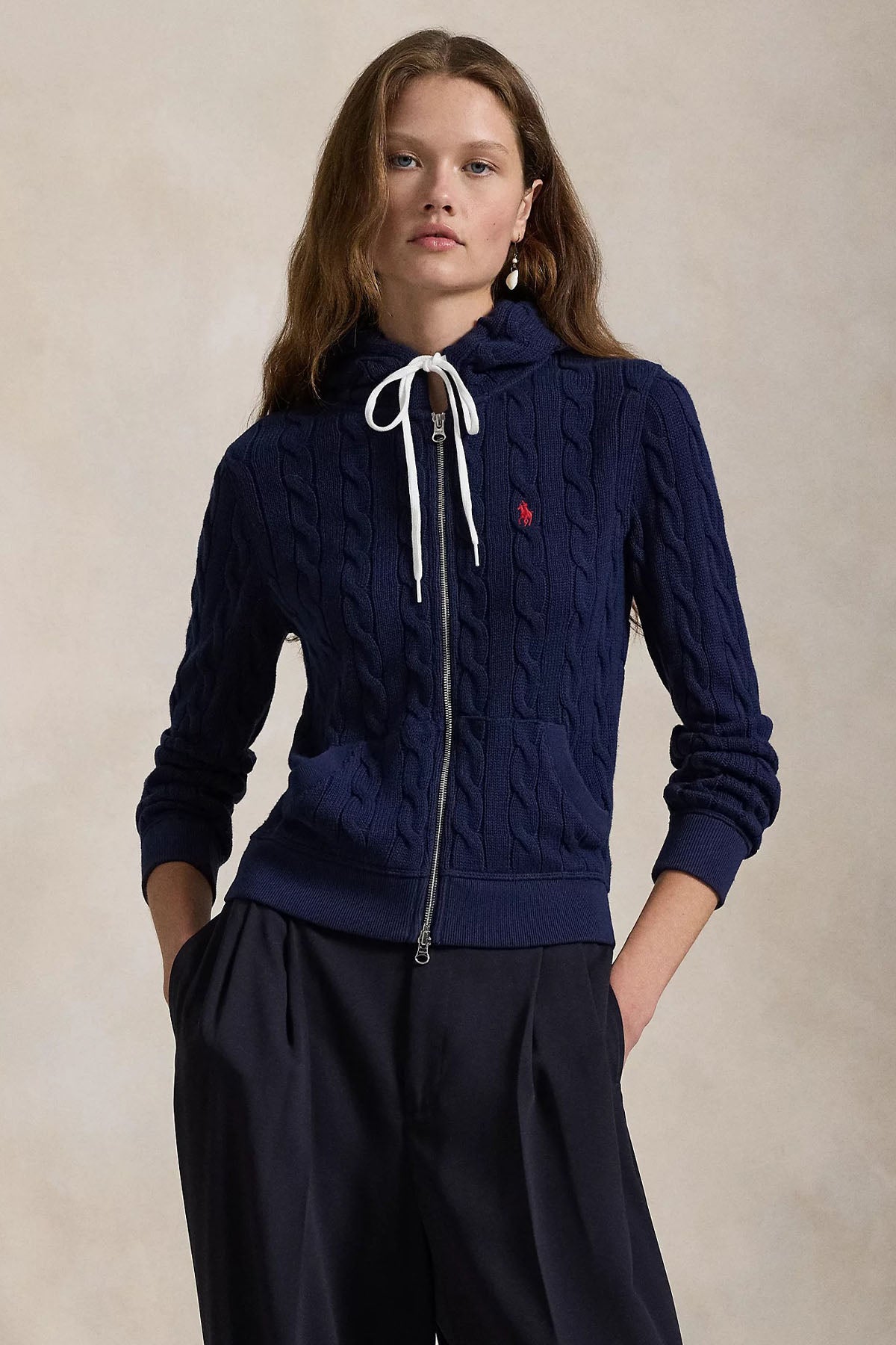 Polo Ralph Lauren Kapüşonlu Saç Örgü Triko Ceket