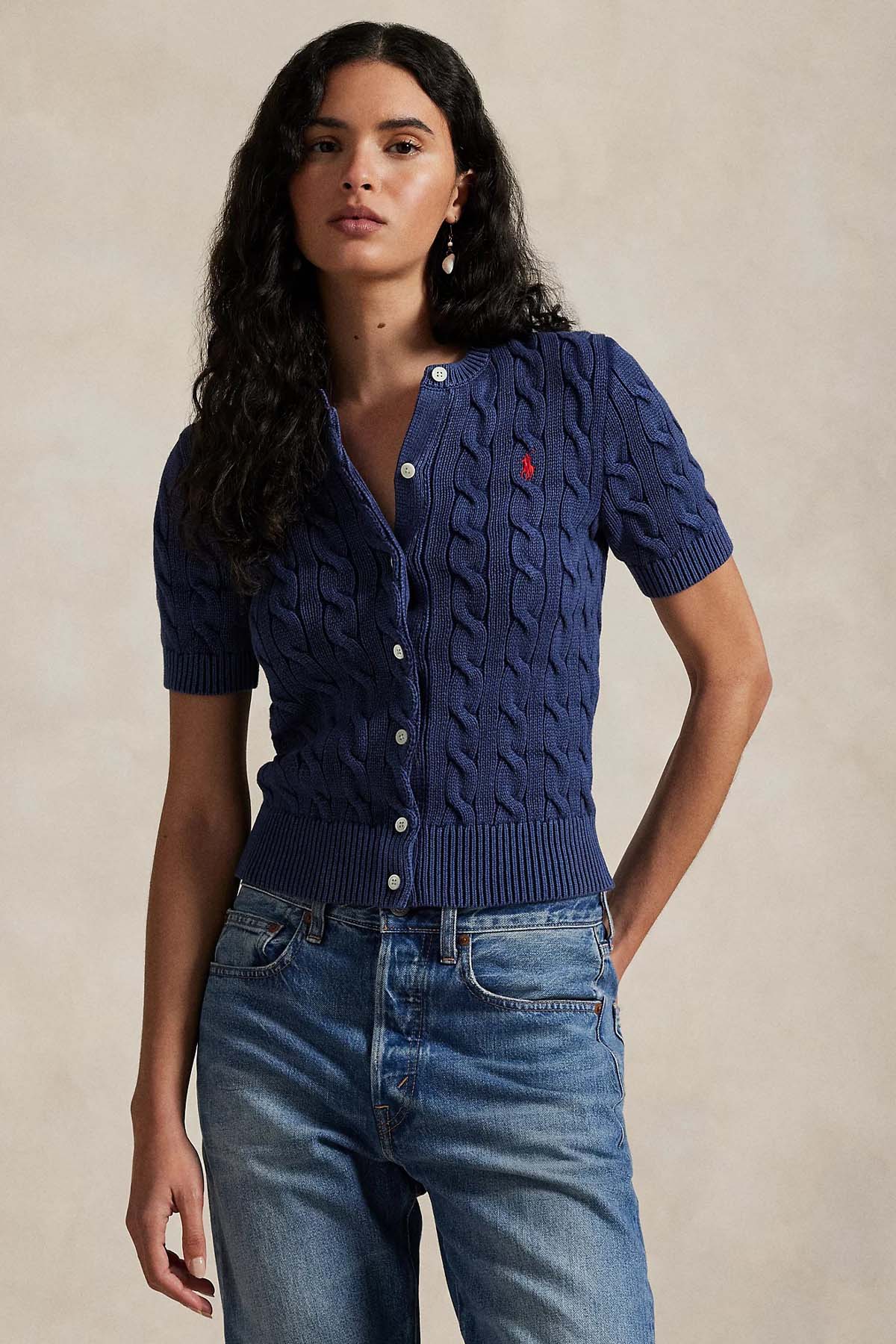 Polo Ralph Lauren Yuvarlak Yaka Saç Örgü Triko Ceket