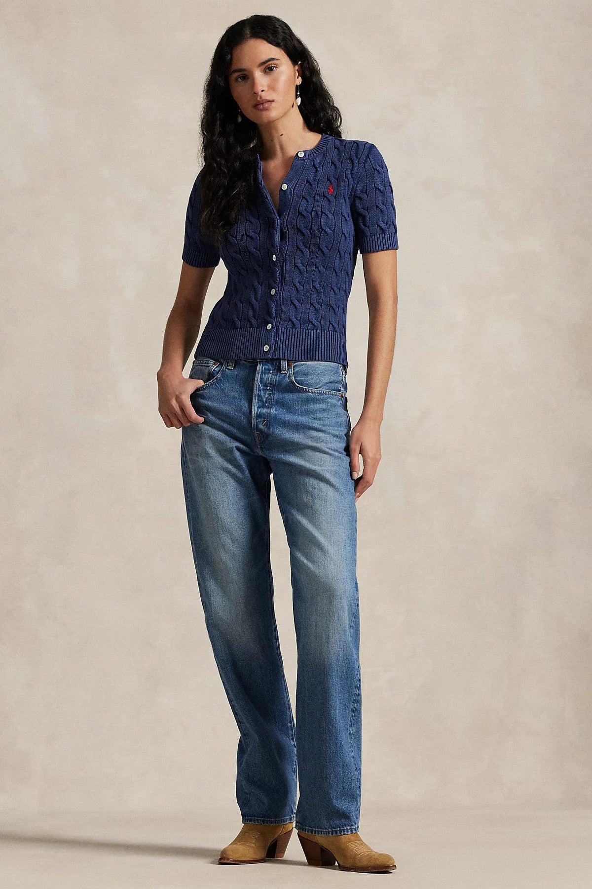 Polo Ralph Lauren Yuvarlak Yaka Saç Örgü Triko Ceket