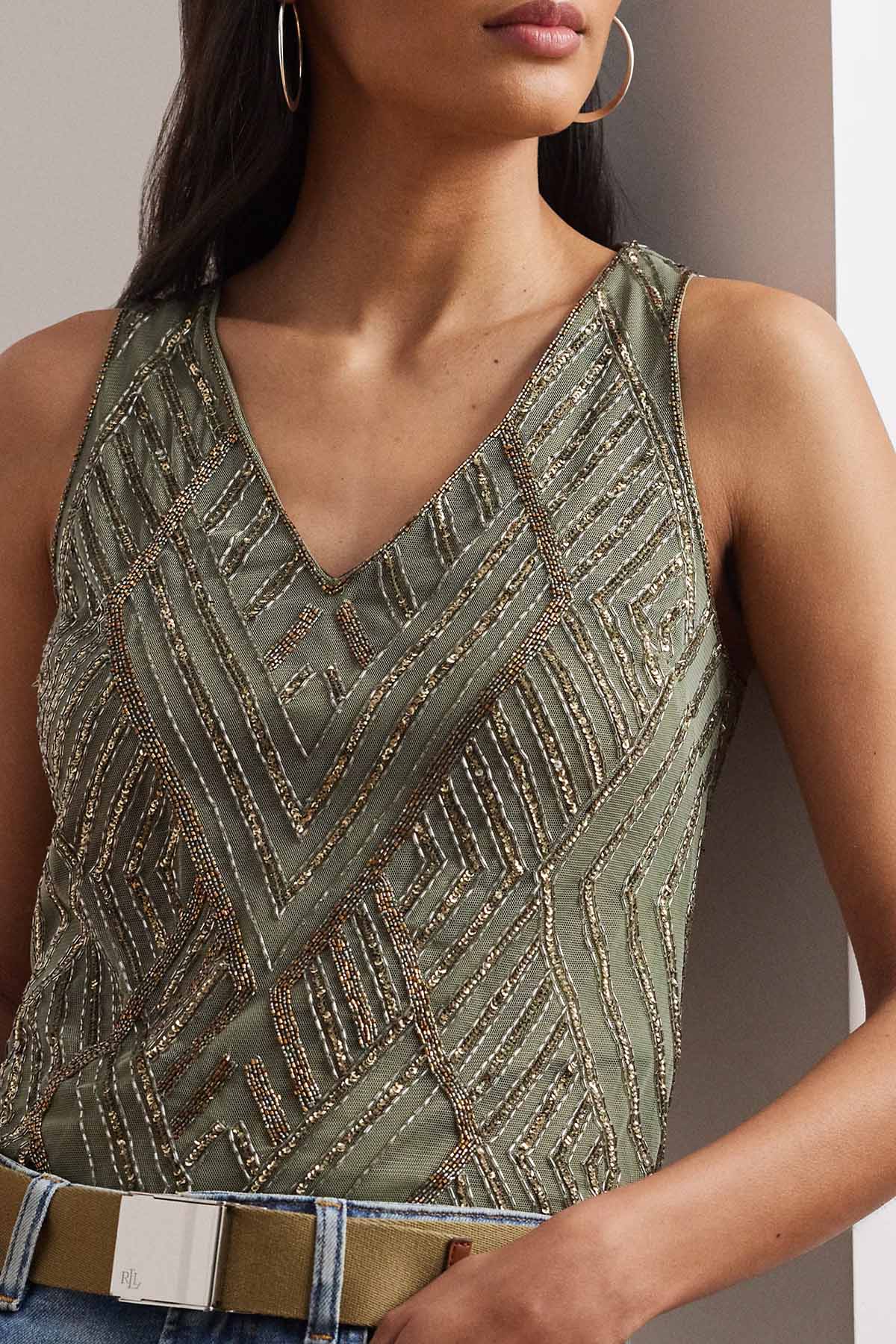 Polo Ralph Lauren Parlak Taş Aksesuarlı V Yaka Bluz