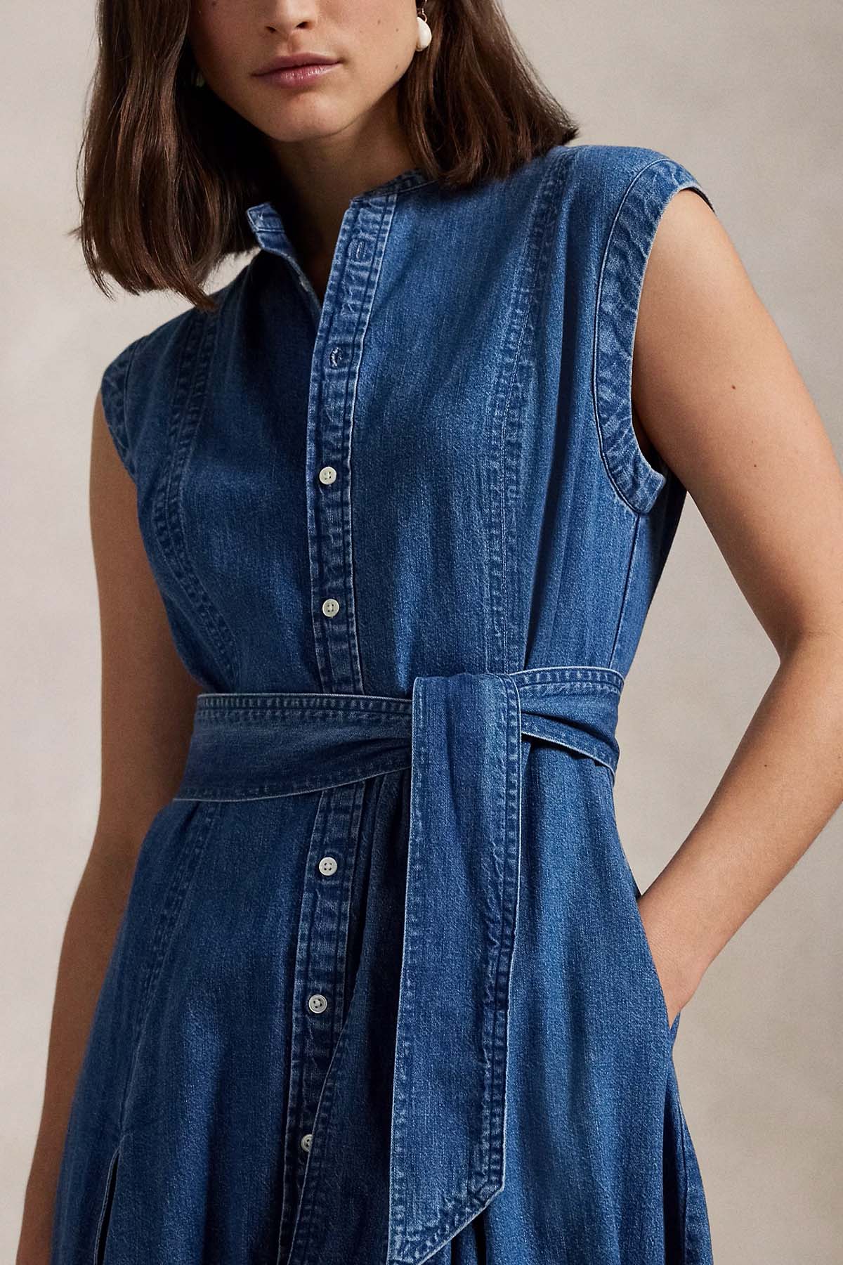 Polo Ralph Lauren Hakim Yaka Kemerli Midi Denim Gömlek Elbise