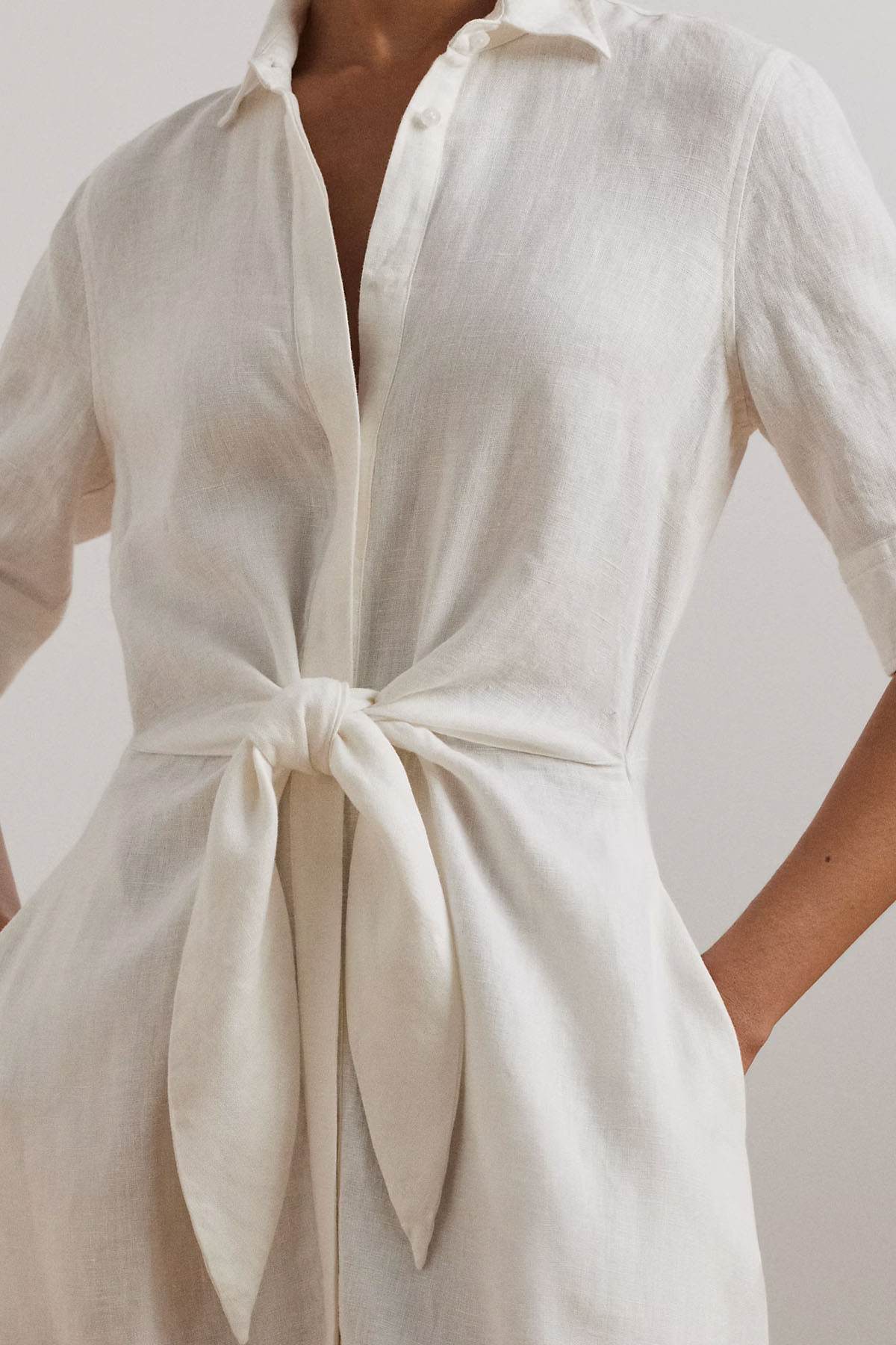 Polo Ralph Lauren Belden Bağlamalı Keten Midi Gömlek Elbise