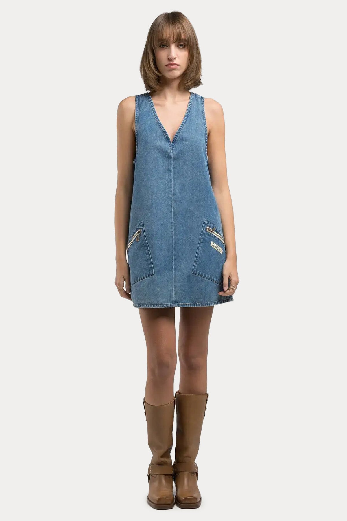 Replay V Yaka Cep Detaylı Mini Denim Elbise