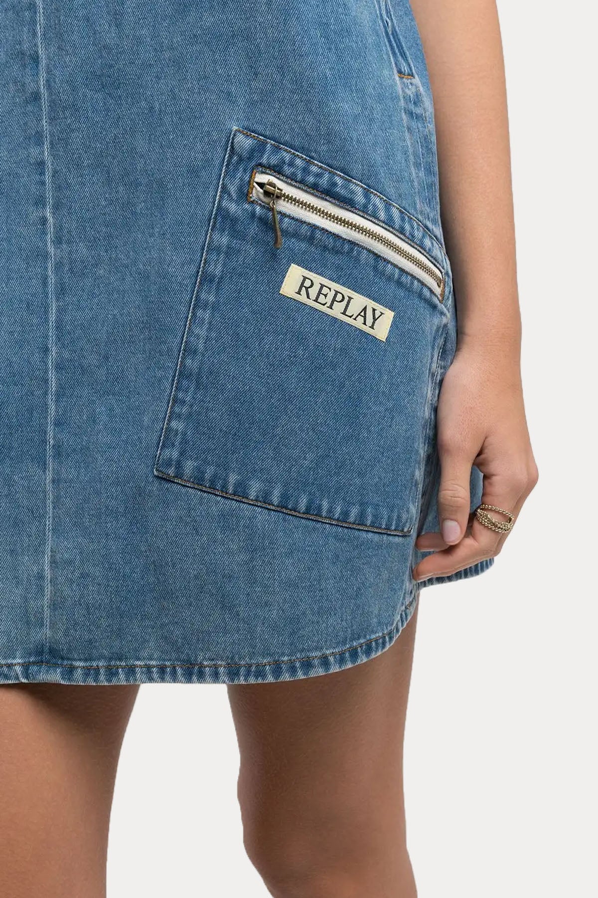 Replay V Yaka Cep Detaylı Mini Denim Elbise
