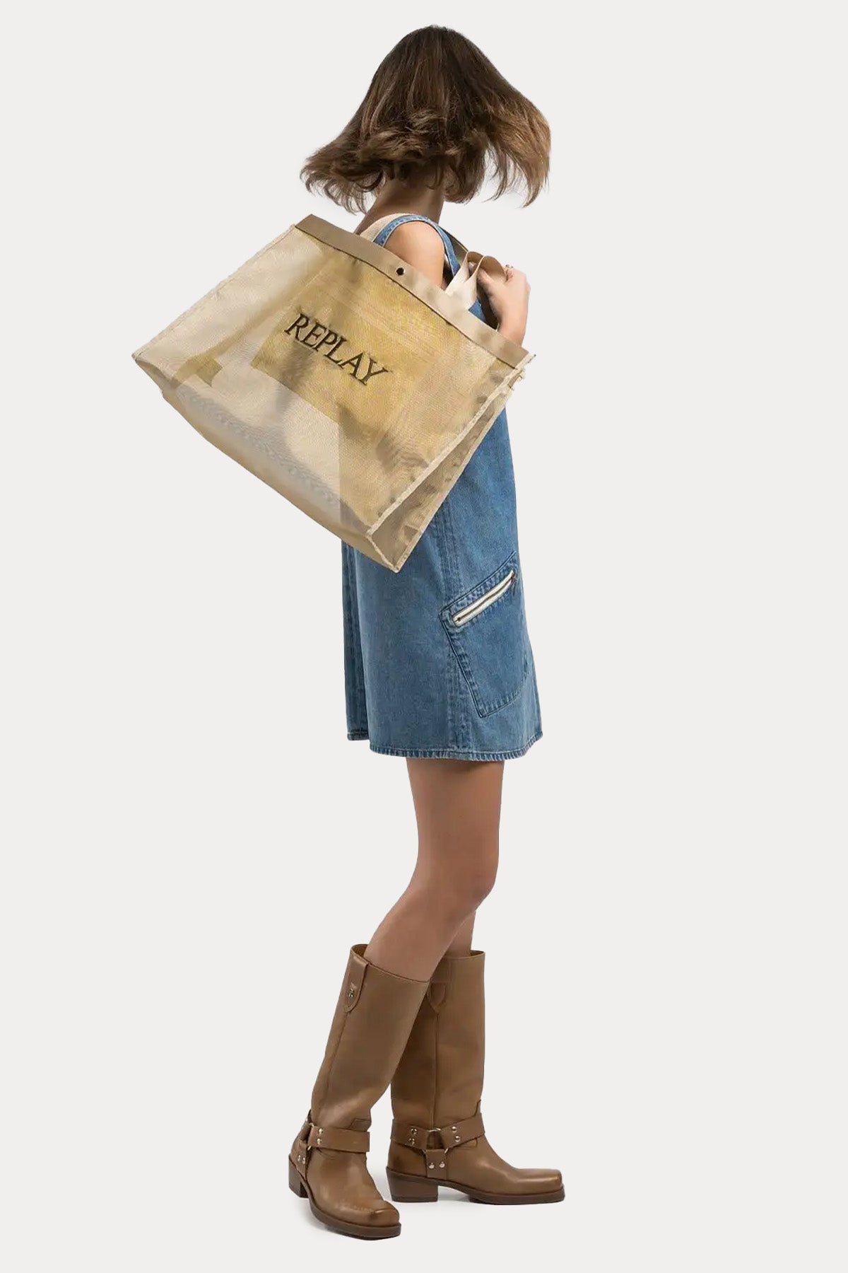 Replay V Yaka Cep Detaylı Mini Denim Elbise