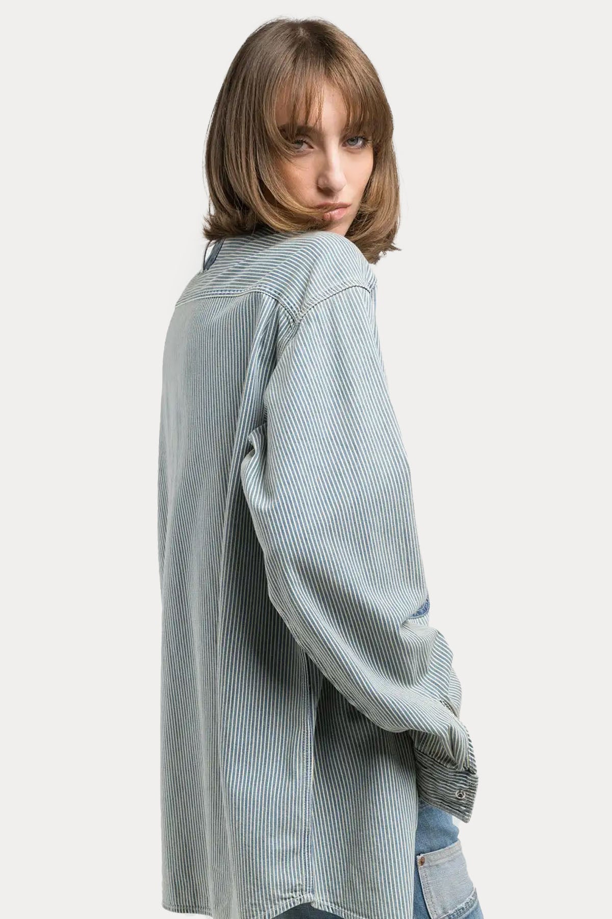 Replay Geniş Kesim Cep Detaylı Çizgili Denim Gömlek