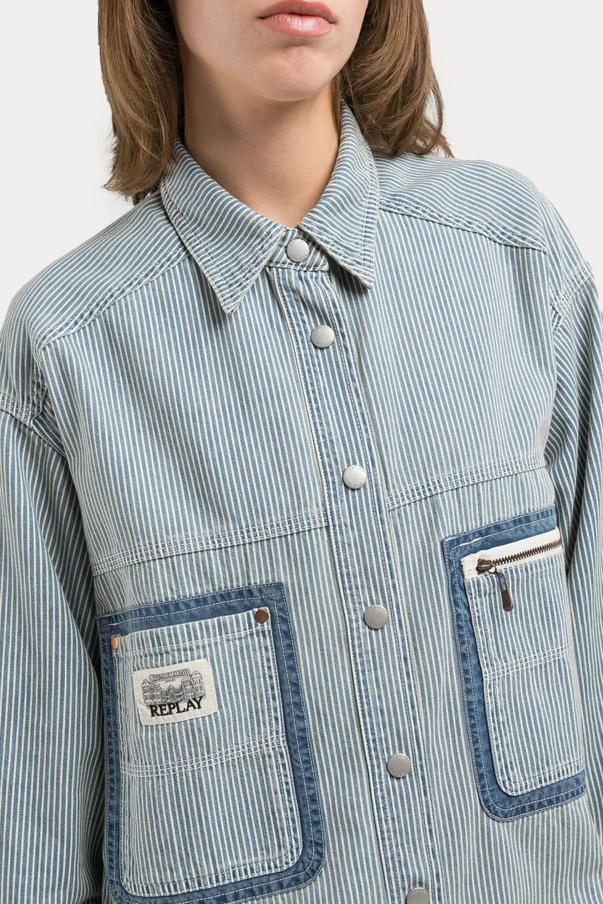 Replay Geniş Kesim Cep Detaylı Çizgili Denim Gömlek