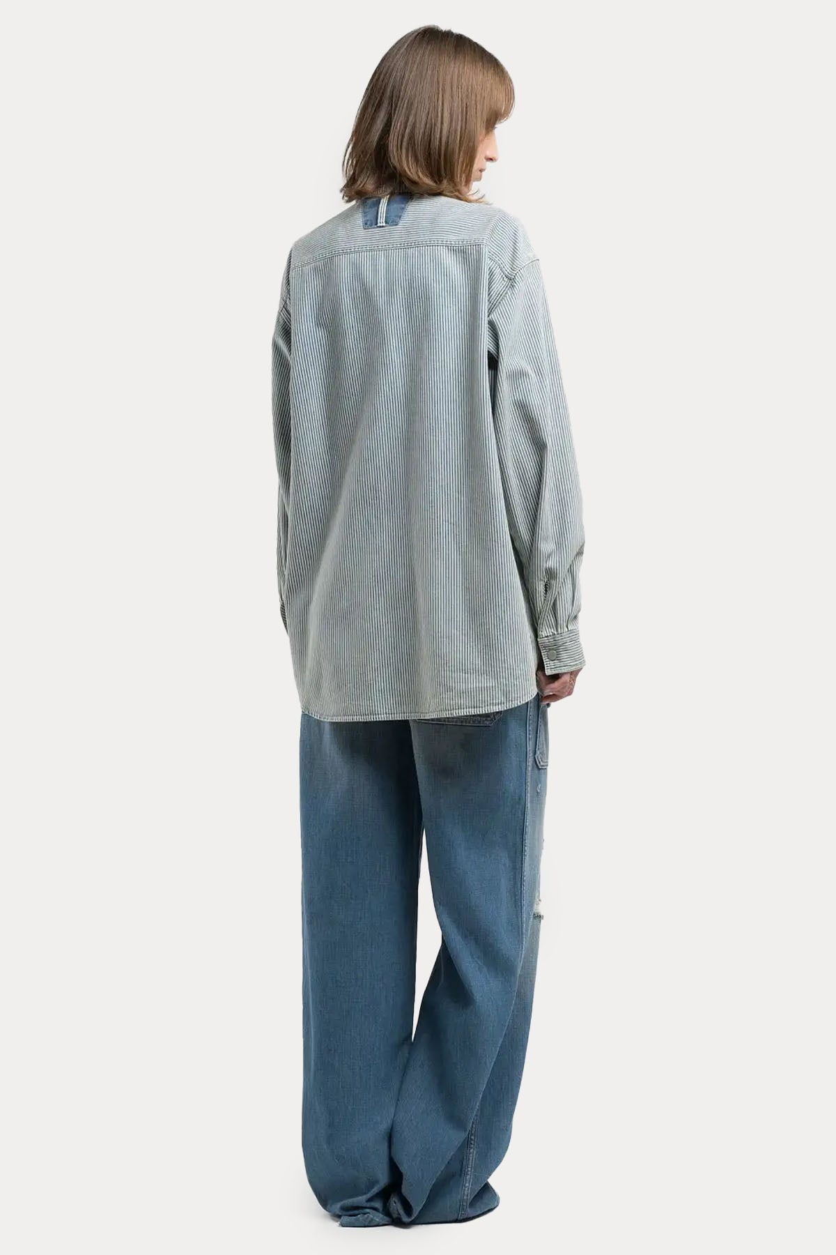 Replay Geniş Kesim Cep Detaylı Çizgili Denim Gömlek