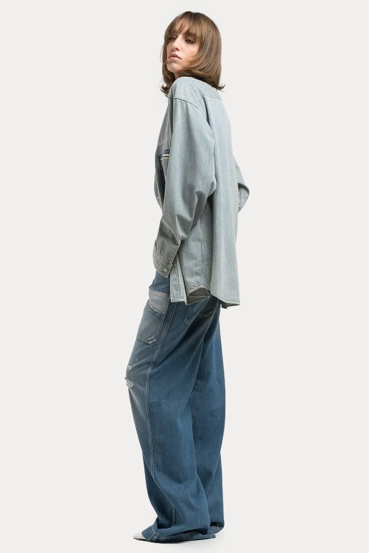 Replay Geniş Kesim Cep Detaylı Çizgili Denim Gömlek