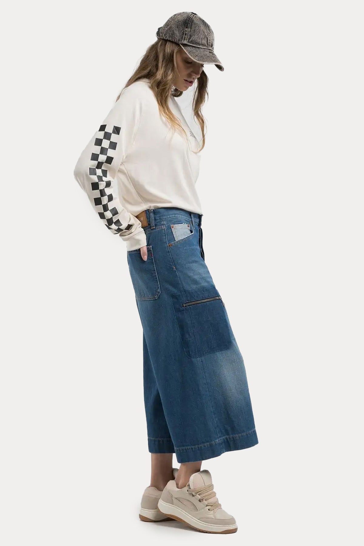 Replay Svanna Wide Leg Culotte Fit Kargo Cepli Geniş Crop Paça Jeans