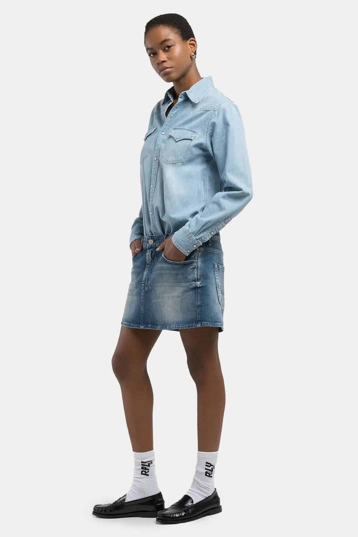 Replay Relaxed Fit Denim Mini Gömlek Elbise-Elbise-Libas