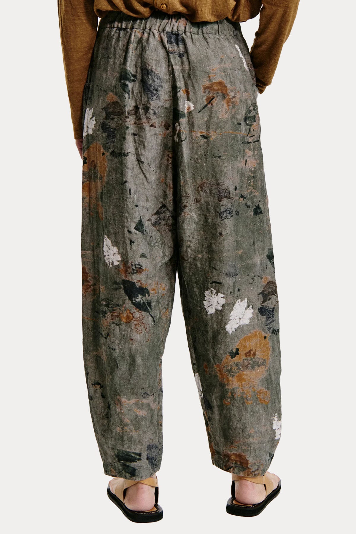 Transit Geniş Kesim Desenli Beli Lastikli Keten Pantolon