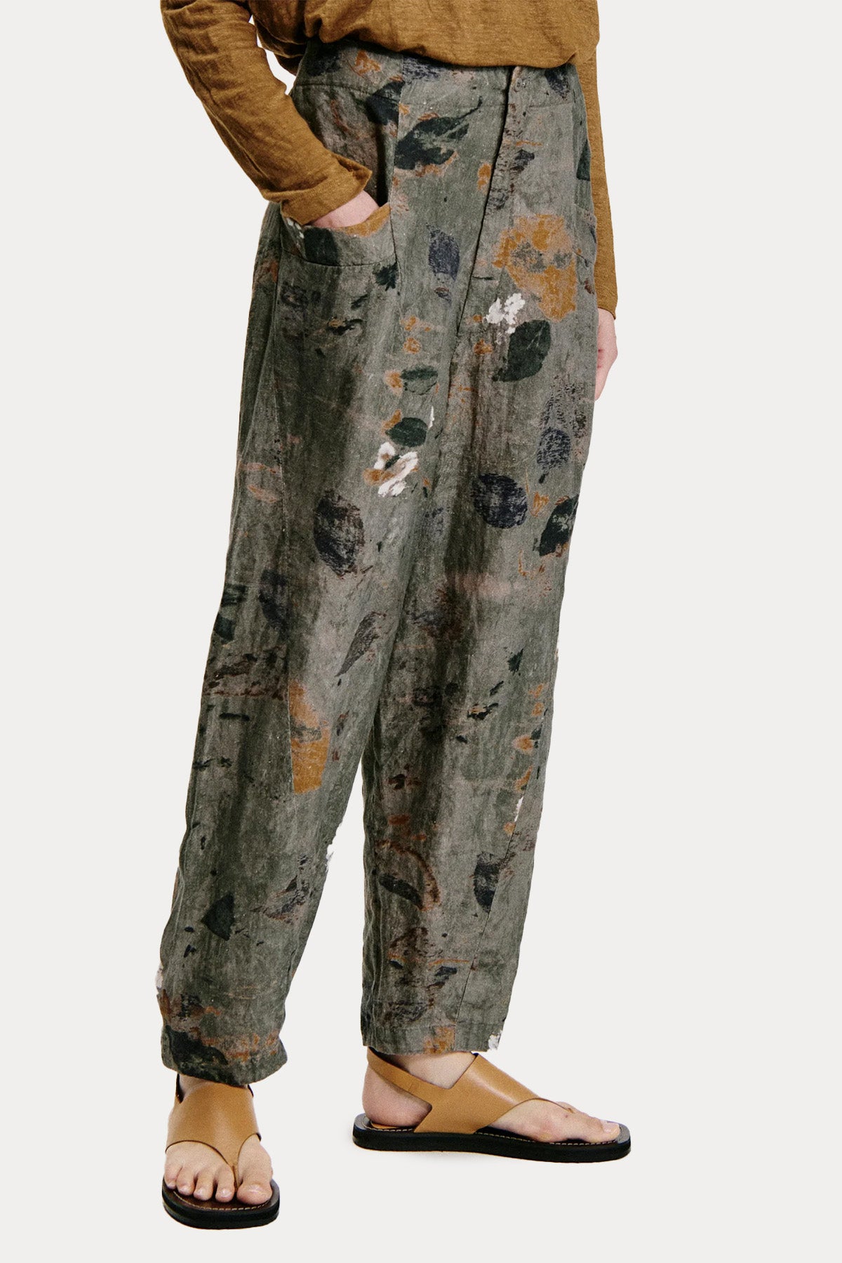 Transit Geniş Kesim Desenli Beli Lastikli Keten Pantolon