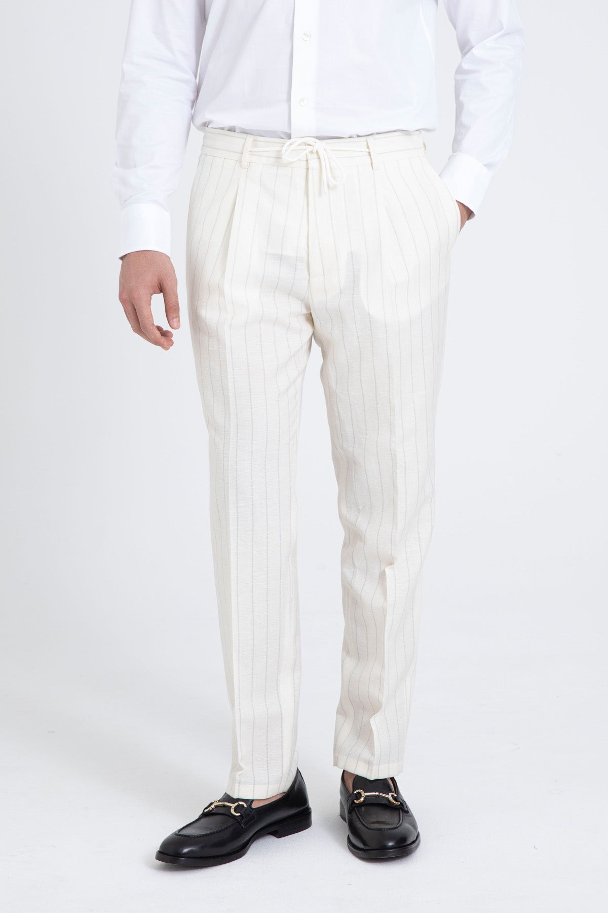 Manuel Ritz Slim Fit Çizgili Yünlü Keten Takım Elbise