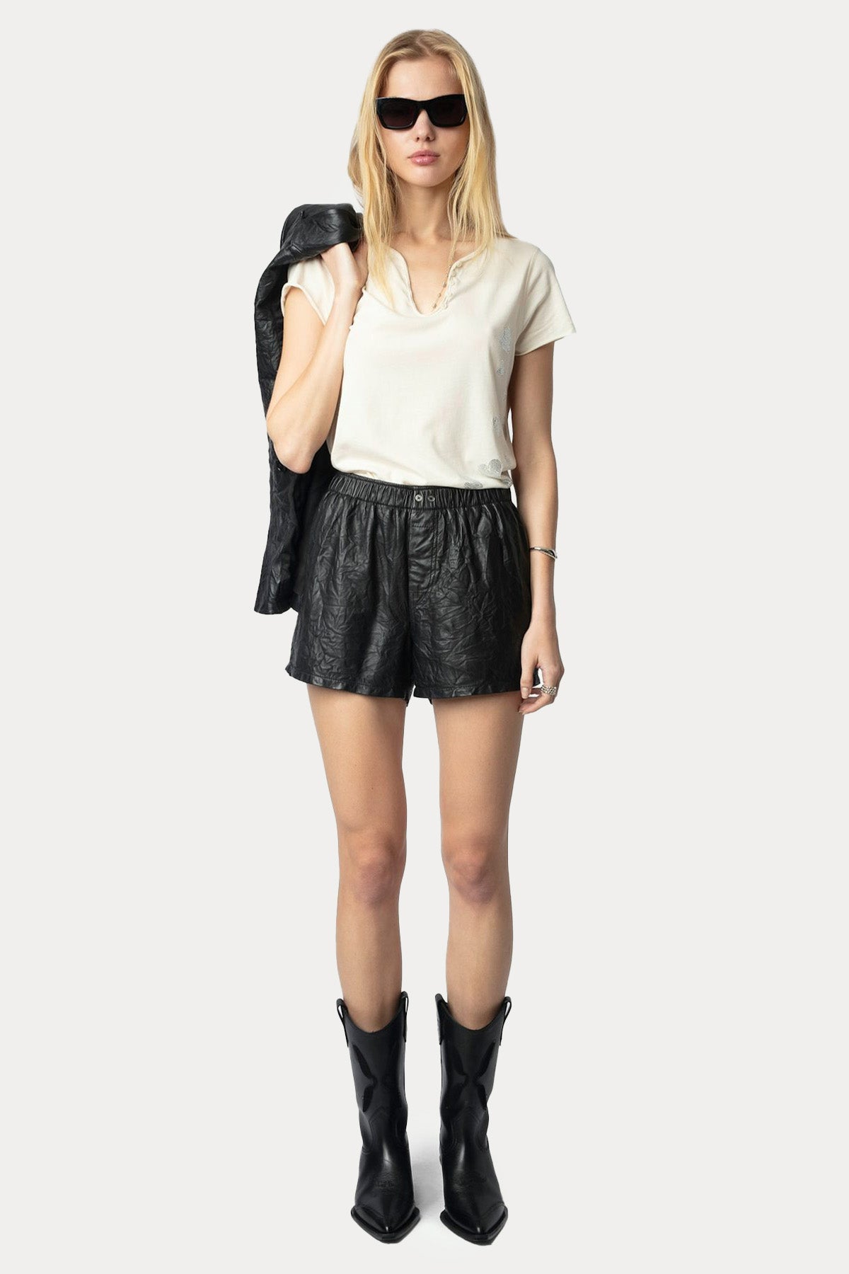 Zadig & Voltaire Düğmeli V Yaka Parlak Taş Aksesuarlı T-shirt