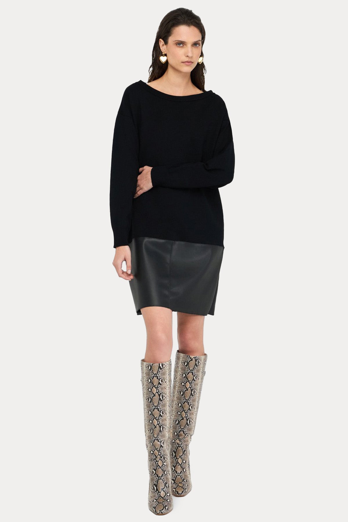 Liu Jo Kayık Yaka Deri Kombinasyonlu Mini Triko Elbise