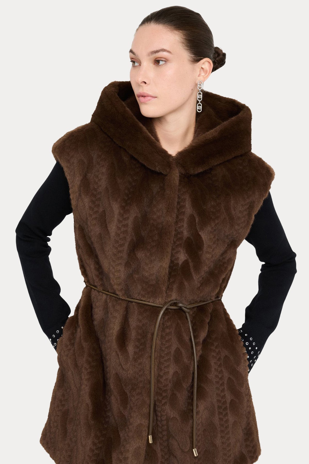 Liu Jo Regular Fit Kapüşonlu Örgü Peluş Yelek