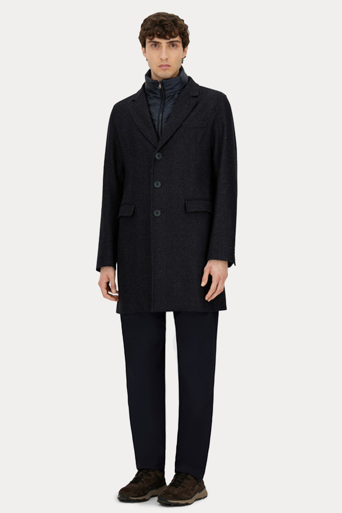 Herno Balıksırtı Desenli Demonte Puffer İç Parçalı Yün Kaban