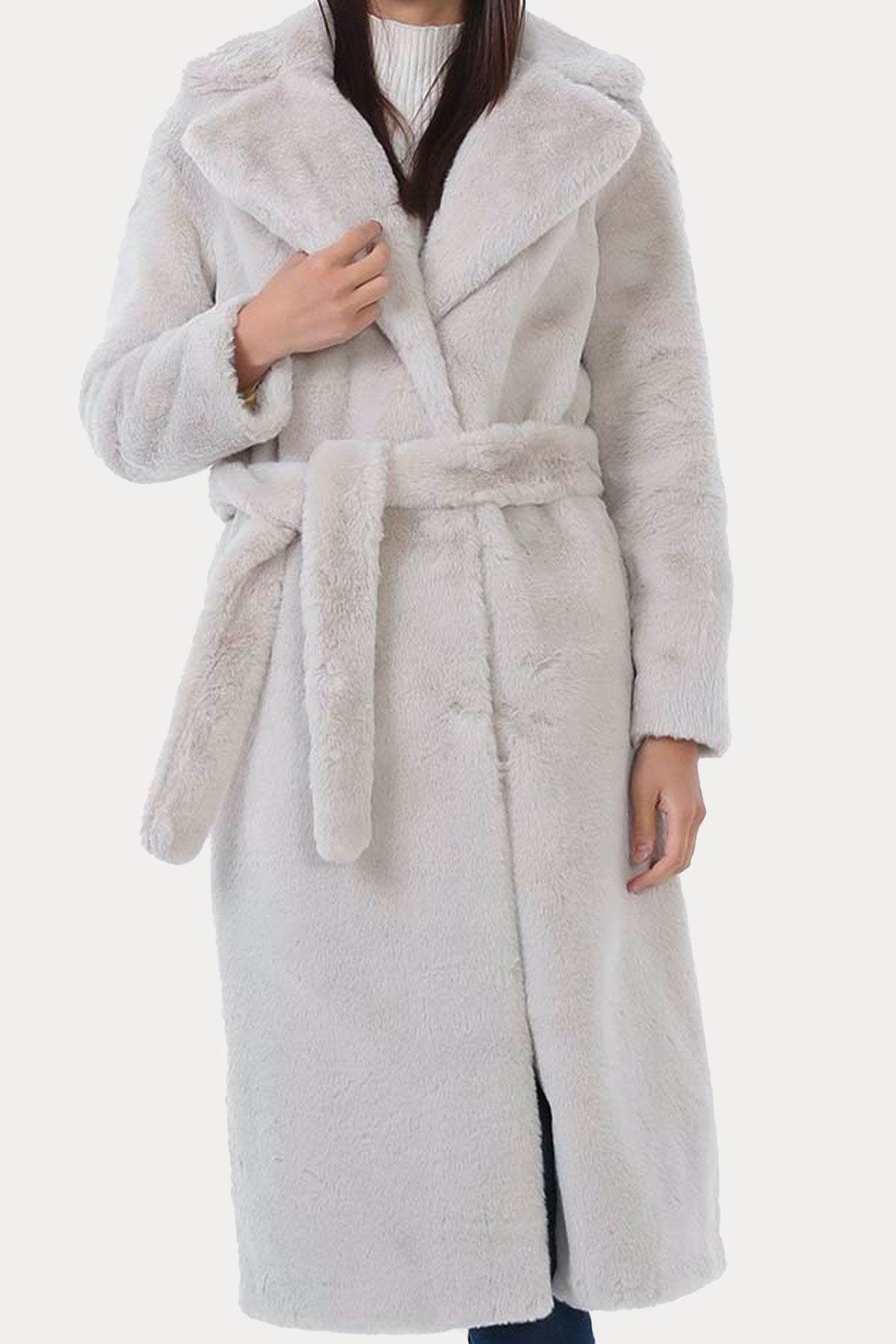 Herno Geniş Yakalı Kemerli Peluş Manto