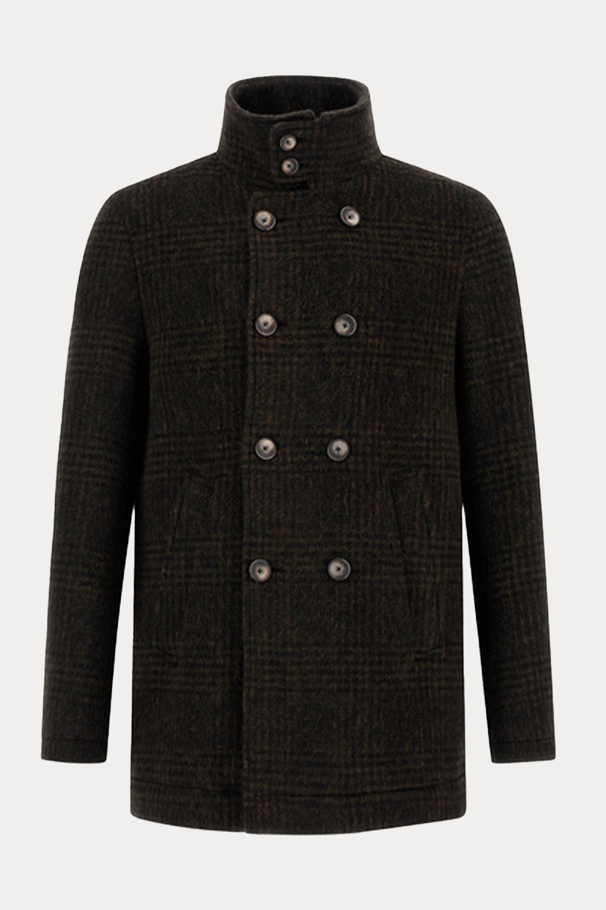 Herno Regular Fit Dik Yaka Ekose Desenli Kruvaze Yün Kaban