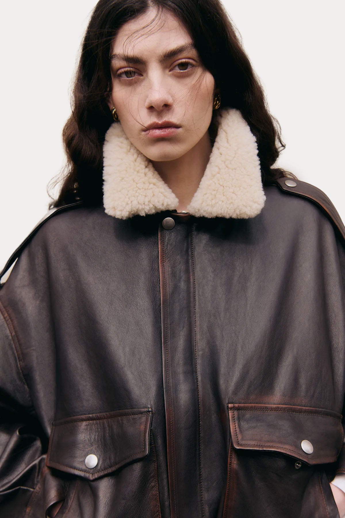 Semicouture Geniş Kesim Yakası Kürklü Bomber Deri Ceket