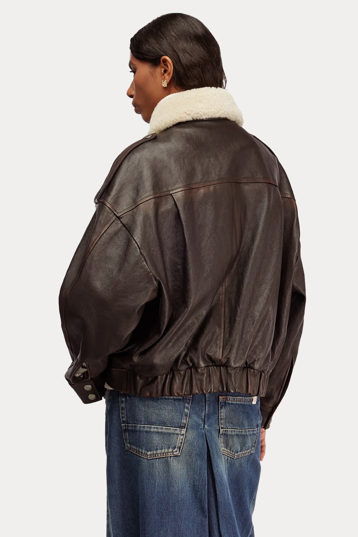 Semicouture Geniş Kesim Yakası Kürklü Bomber Deri Ceket