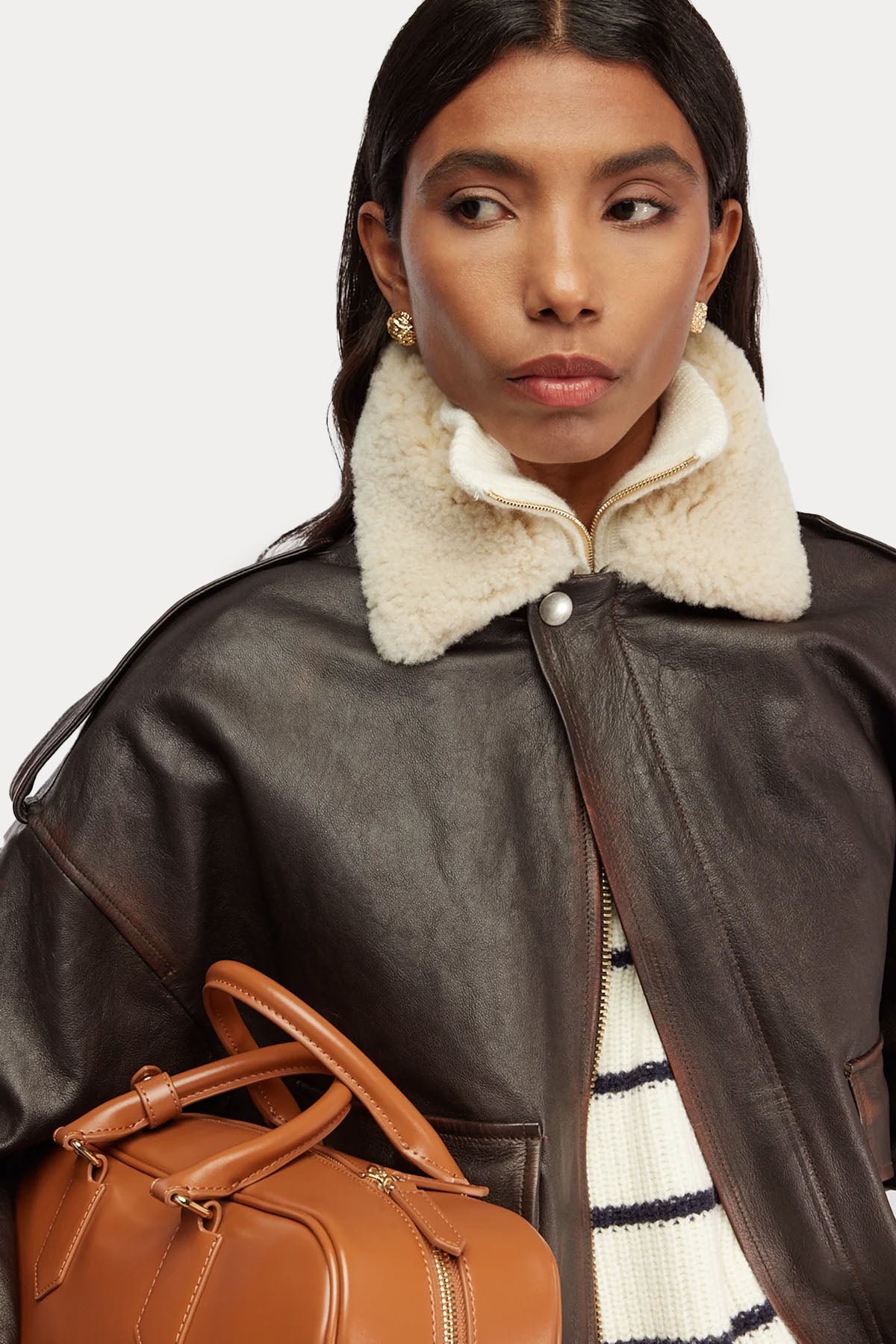 Semicouture Geniş Kesim Yakası Kürklü Bomber Deri Ceket