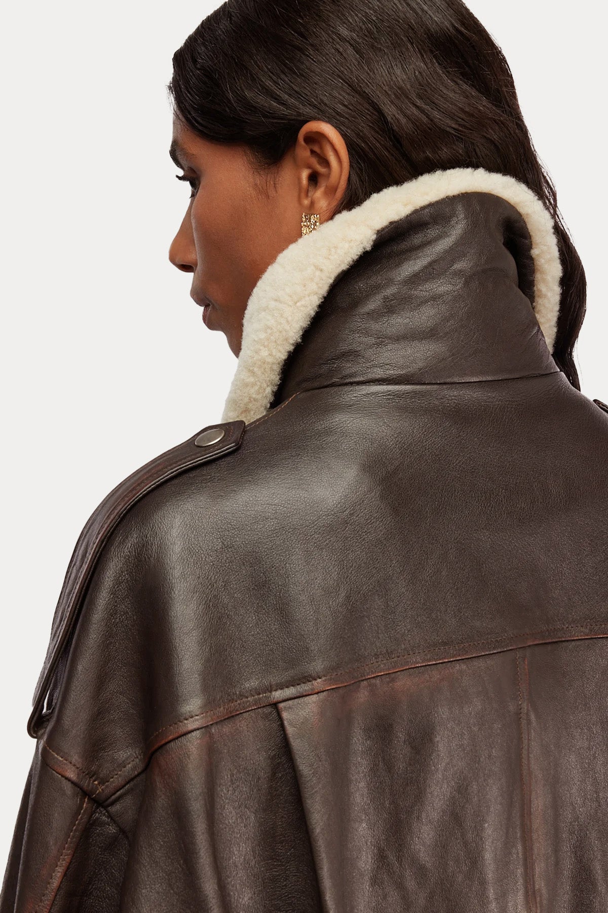 Semicouture Geniş Kesim Yakası Kürklü Bomber Deri Ceket