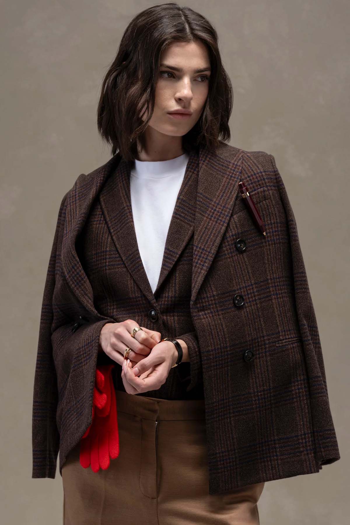 Circolo 1901 Slim Fit Kaşmir Ekose Desenli Yün Blazer Ceket-Ceket-Libas