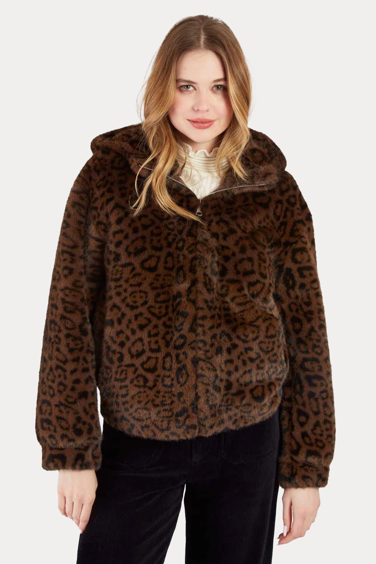 Rene Derhy Leopar Desenli Kapüşonlu Peluş Mont