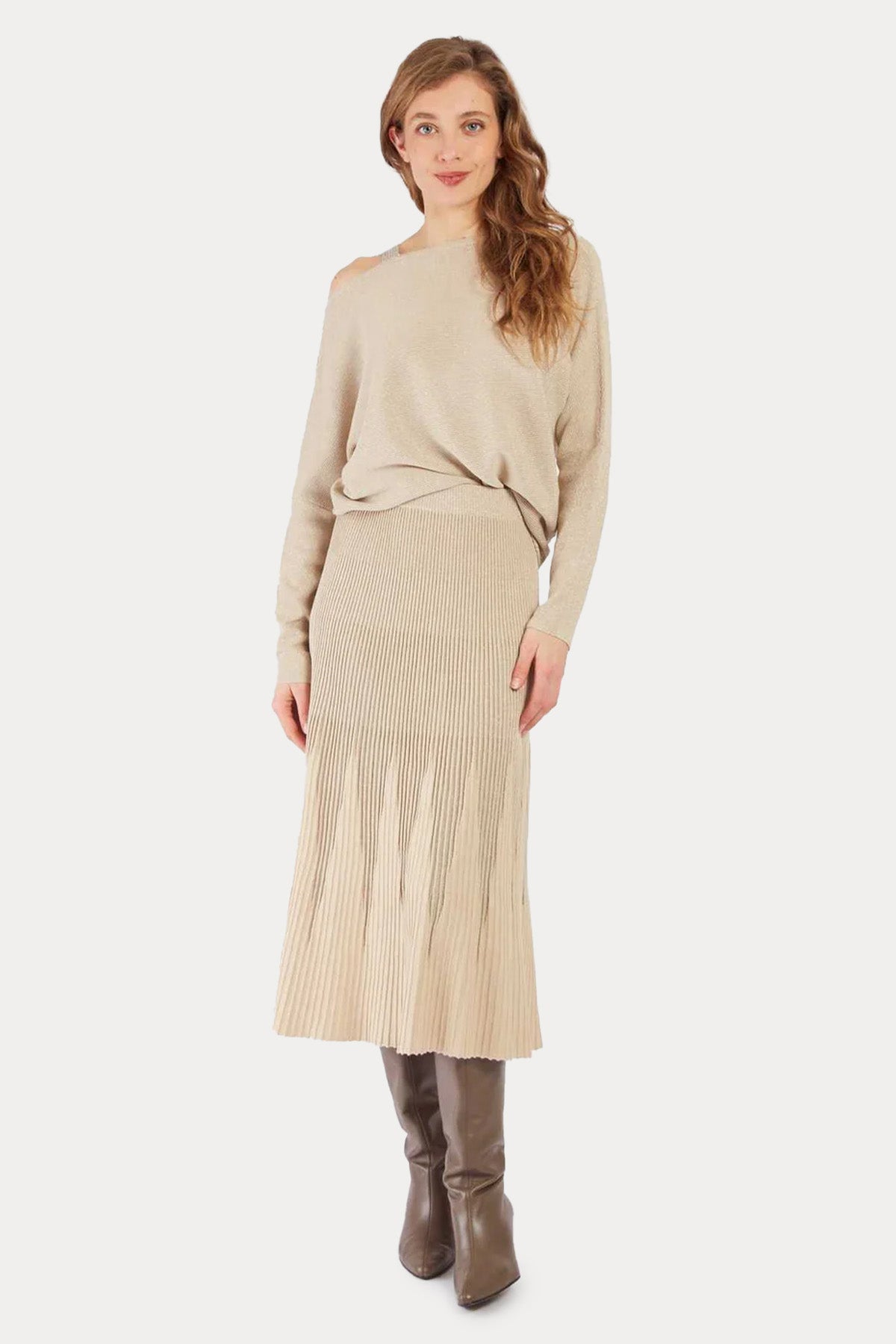 Rene Derhy Beli Lastikli Pileli Örgü Midi Etek