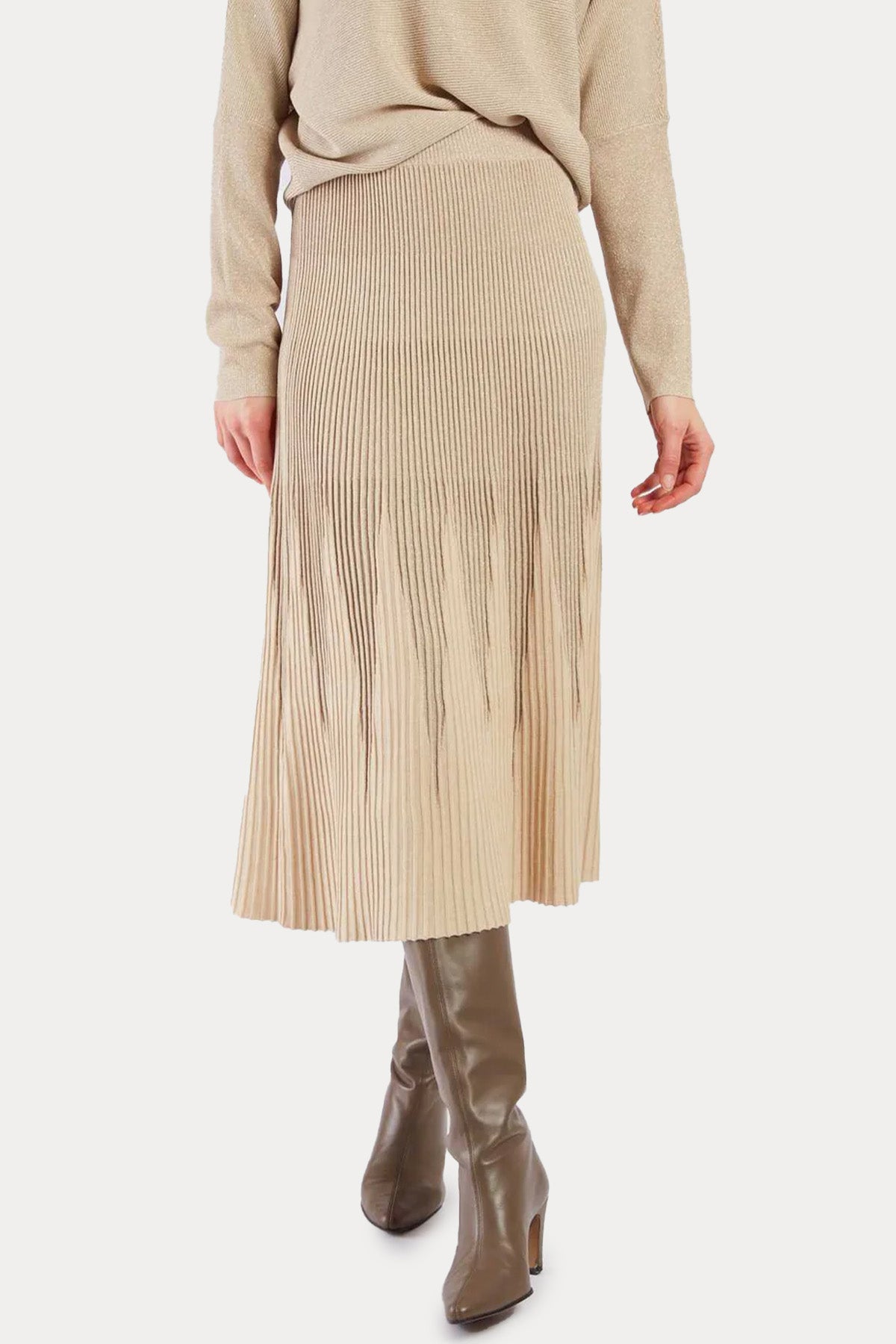 Rene Derhy Beli Lastikli Pileli Örgü Midi Etek