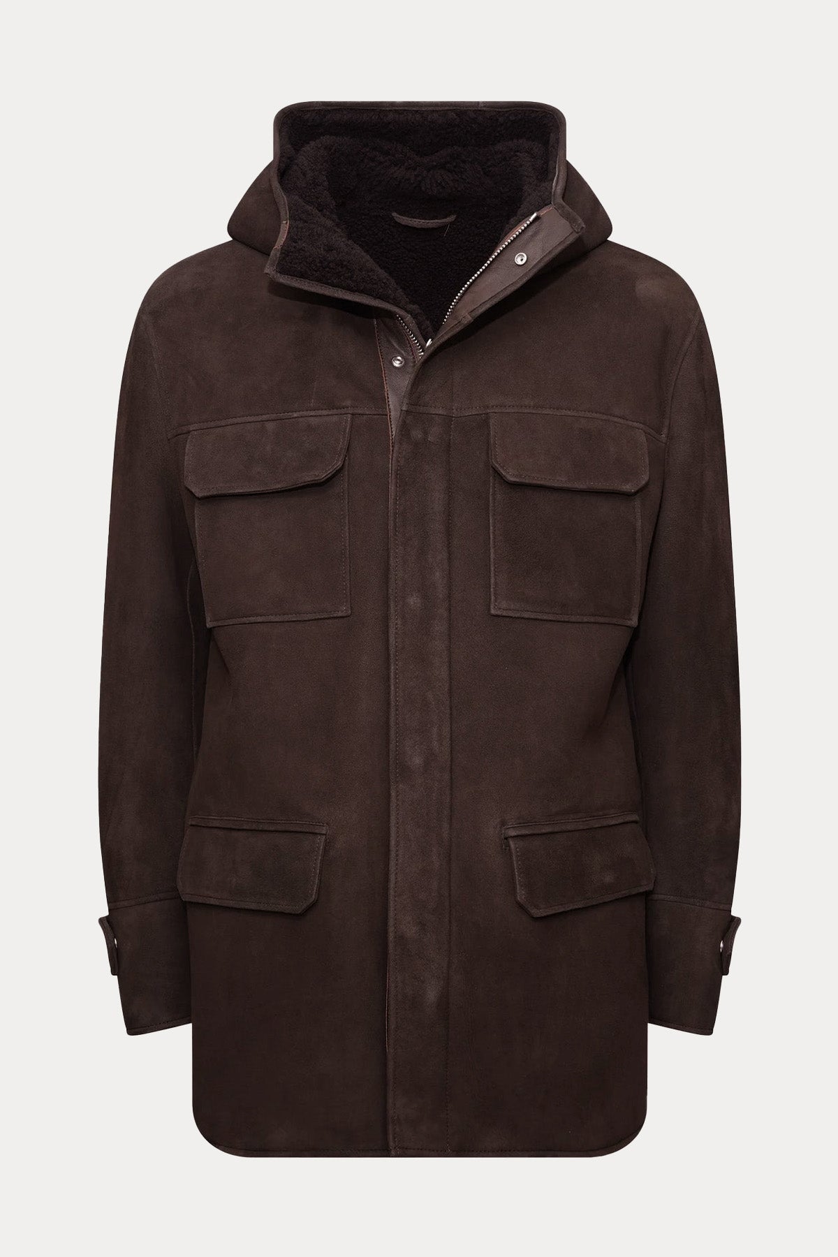 Dondup Kapüşonlu Nubuk Kuzu Derisi Kaban